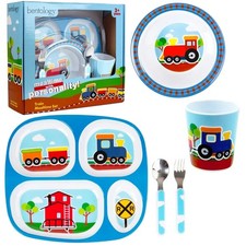 5Pc Kids Mealtime Set: Train w Divided Plate Bowl Cutlery Dishwasher Safe