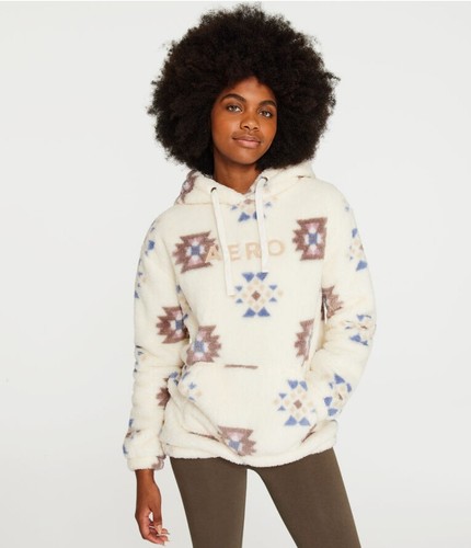 NEW! Aeropostale White Southwestern Fleece Sherpa Pullover Hoodie Wms Size M $60 - Picture 1 of 10