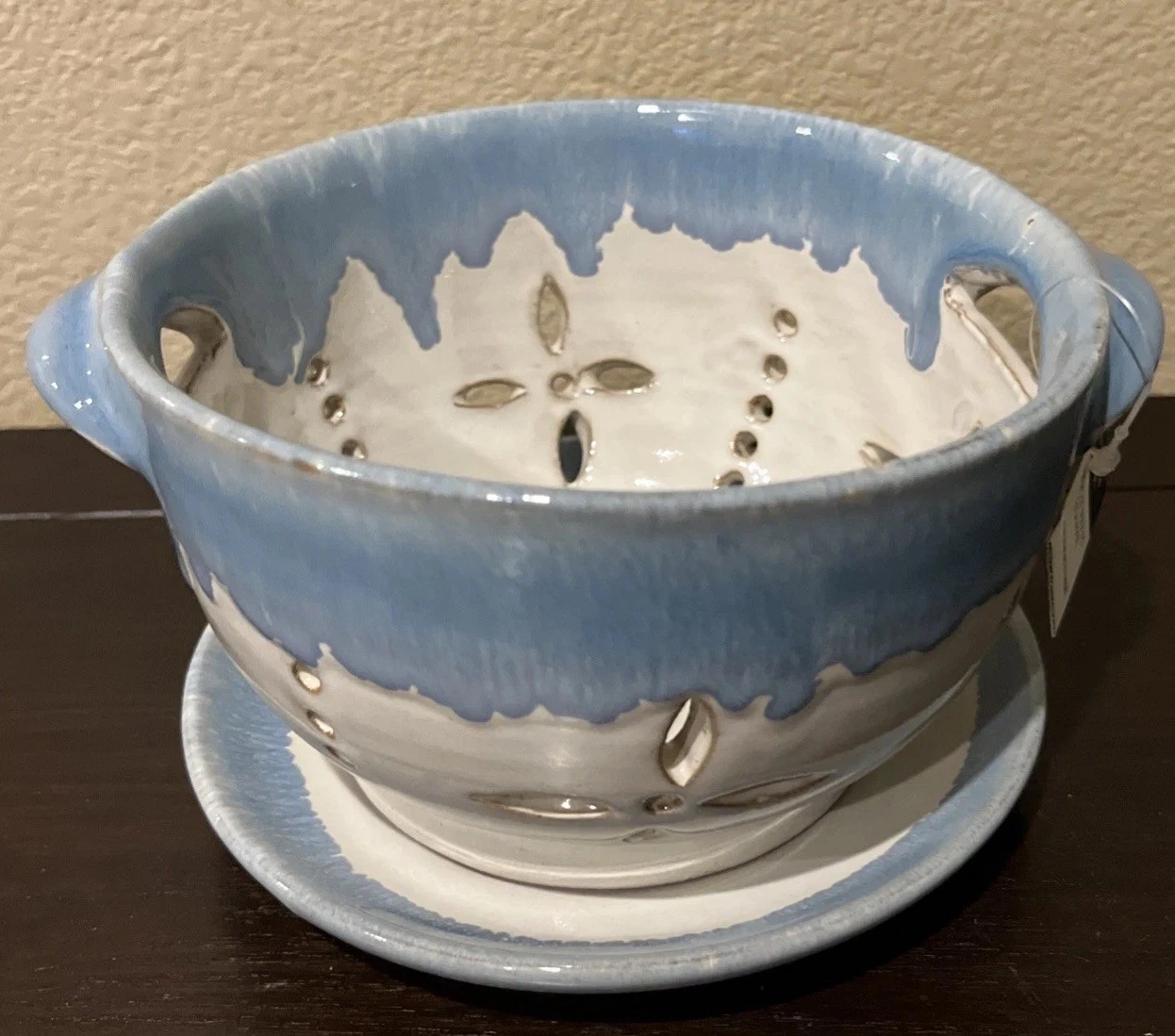 Ten Thousand Villages Pottery Bowl Berries Colander Strainer w/ Saucer Set
