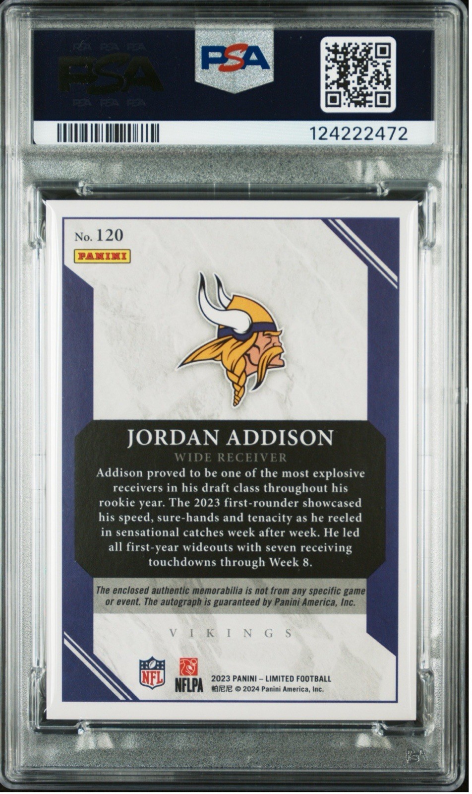 2023 Limited Jordan Addison Rookie Auto Patch RPA /199 PSA Auth Auto 7 POP 2! view 2