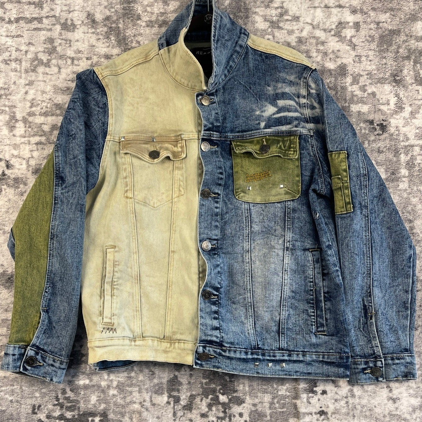 REASON Patchwork Denim Jacket Mens Large Distress… - image 1