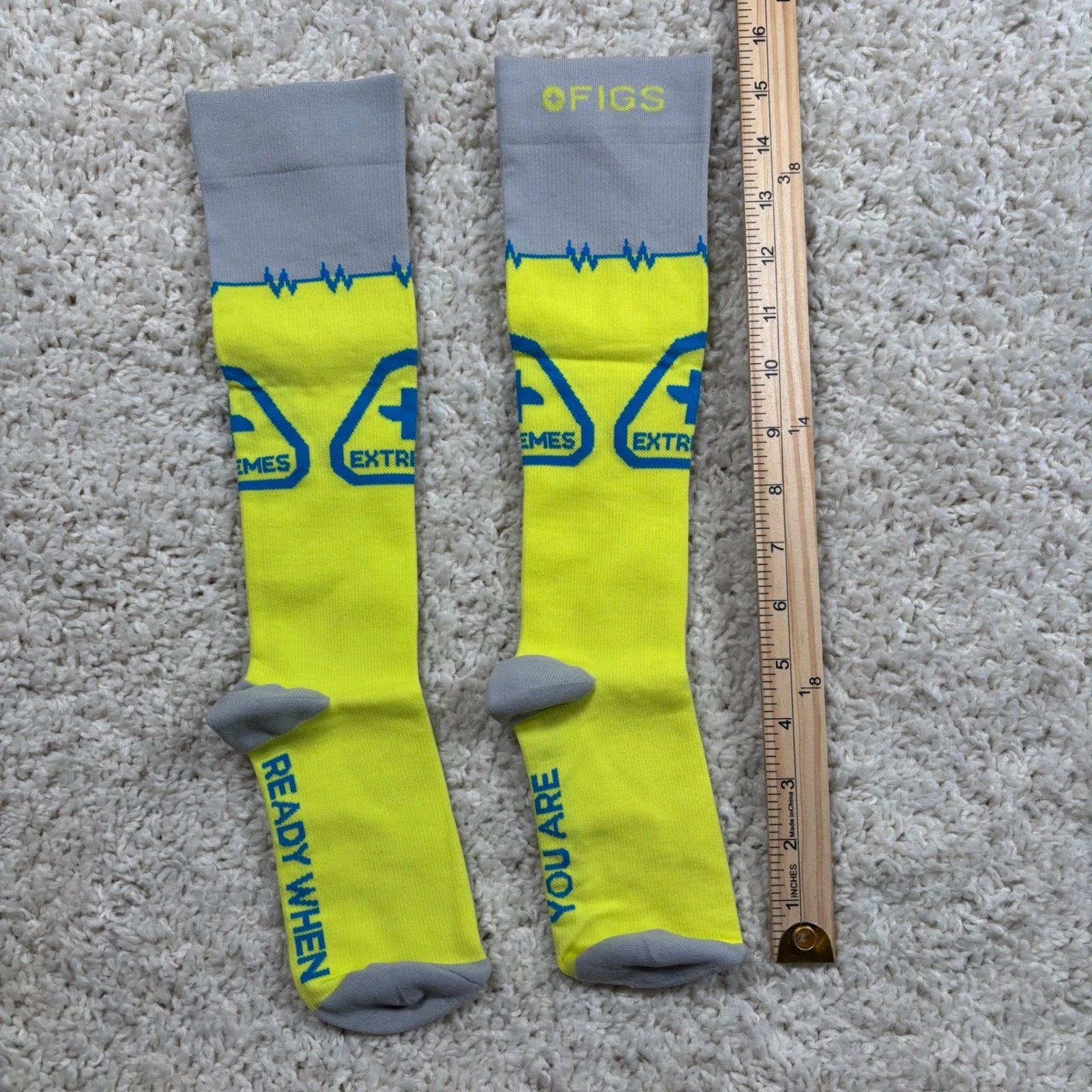 FIGS Compression Socks Neon ECG Heartbeat "Ready When You Are" "You Are" Size M