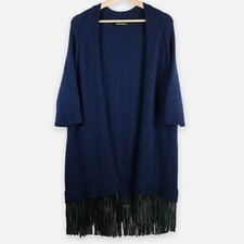 Zadig Voltaire Blue Cashmere Knit Cardigan Leather Fringe Trim Open Front XS/S