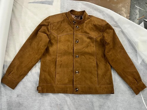 Mens Brown Vintage Suede Leather Jacket Slim Fit Bomber Biker Trucker Jacket L - Picture 7 of 8