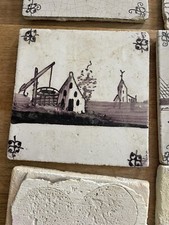 Antique Reclaimed Puce Delft Dutch Handpainted Tile 18th 19th Century
