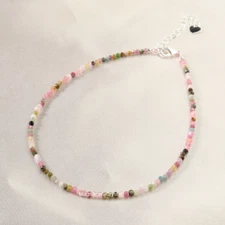 Natural Pink Tourmaline Anklet Multicolor Stone Jewelry Summer Beach Bracelet