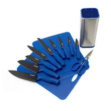 Cooks Companion Blue 13-Piece Cutlery Set Storage Block Cutting Boards OPEN BOX