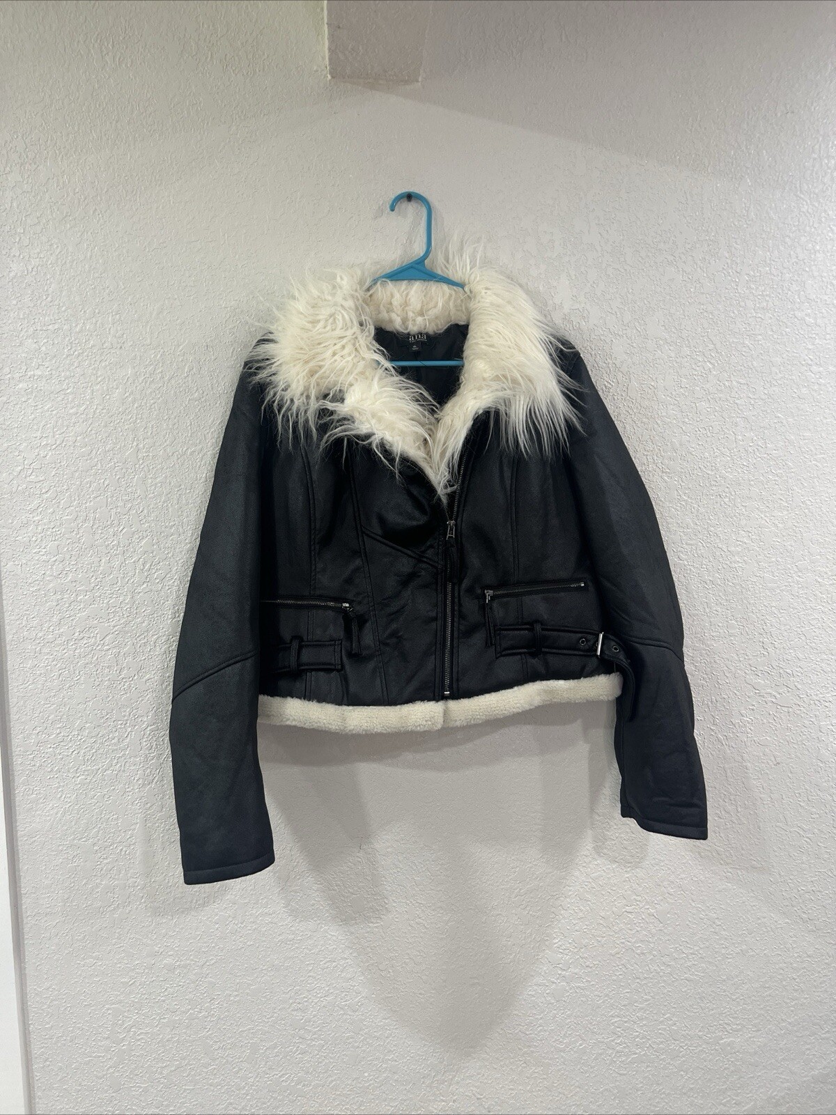 ANA Women's Faux Fur Trim Hood Leather Parka Jacket in XL