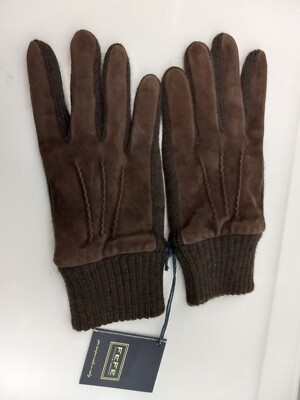 FeFe Napoli Men's sz 9 1/2 Dark Brown Suede Wool Lined Gloves NWT