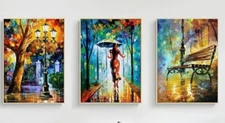 Art Canvas  Paintings of Scenes of Rain in Park Abstract 12" x 16". set of 3.