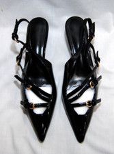 Womens Patent Leather Pointed Toe 3 Buckle Straps Slingback Kitten Heels  T2362