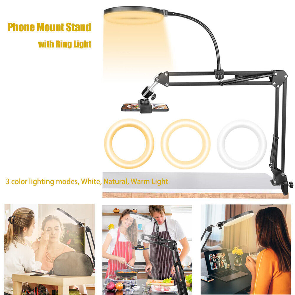 Overhead Phone Mount with Ring Light, Flexible Arm Tripod Phone