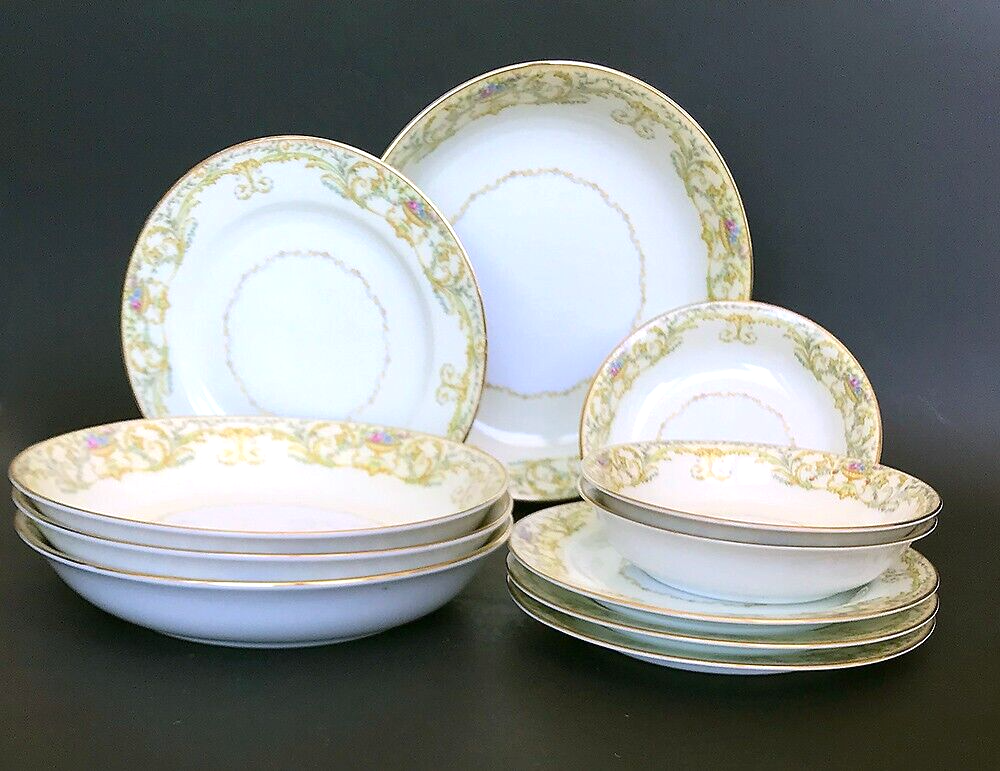 Vintage Noritake 11 Pieces Bone China Ivory Floral Urns Gold Trim Plates  Japan