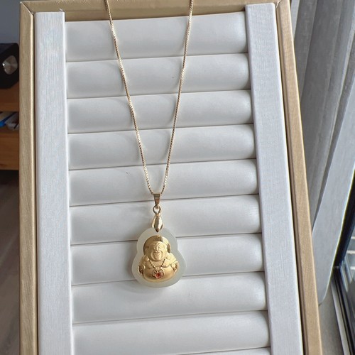 Certified Natural Hetian Jade With Real Gold Plated Buddha Pendant Necklace