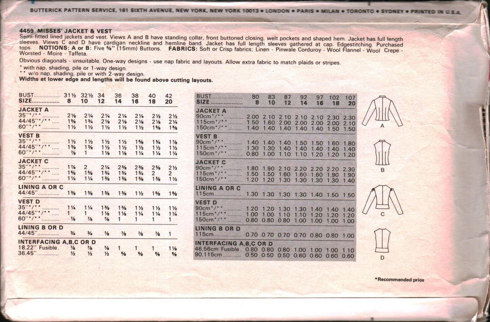 4459 Vintage Butterick SEWING Pattern Misses 1980s Semi Fitted Lined Jacket Vest - Image 2 of 2