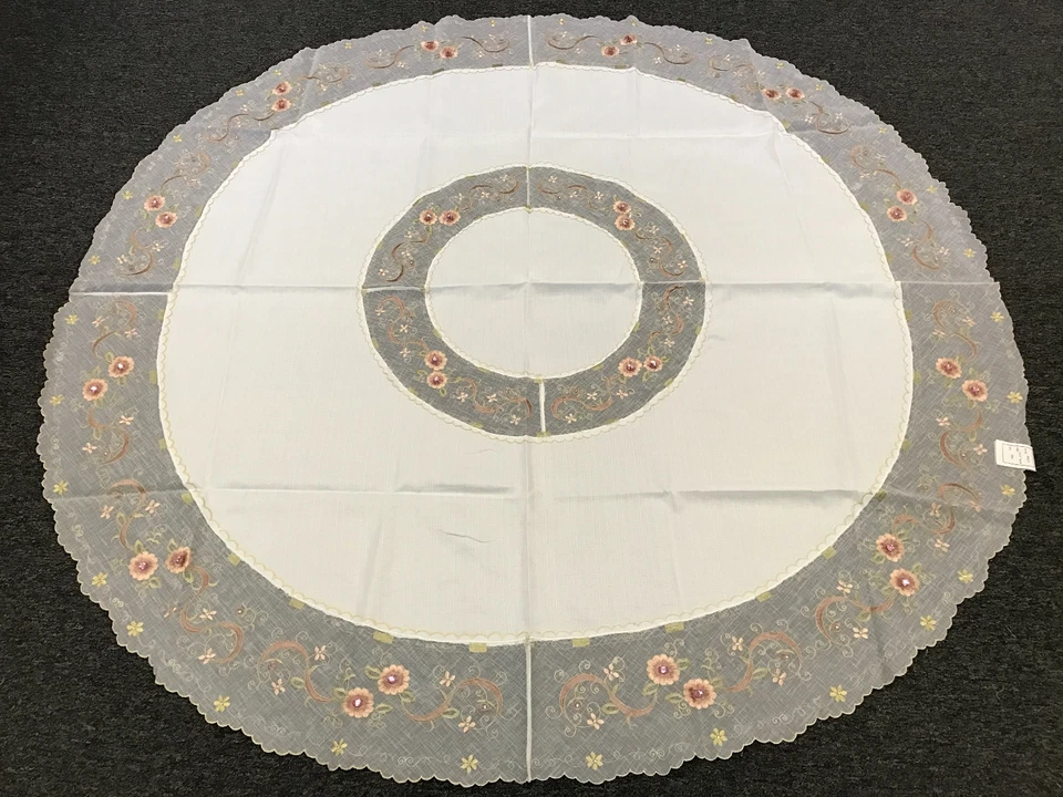 Mantel bordado hecho a mano de piedra rosa del Rin 70" redondo tela blanca Foto 2 de 4