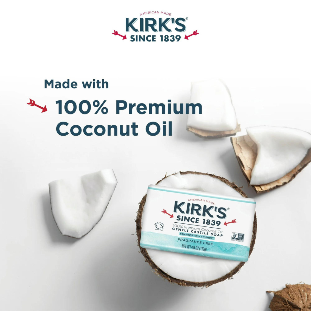 Kirk's 4 Bar Soap, Fragrance Free 100 Premium Coconut Oil for