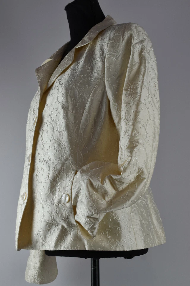 Blazer Nina Mclemore Talla 10 Brillo Marfil Seda Blazer Vid Bordado Bolsillo Chaqueta Foto 3 de 4