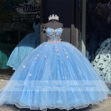 Blue Quinceanera Dress 3D Butterfly Lace Applique Beaded Pageant Prom Ball Gown
