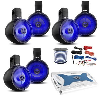 Pyle 6-Ch Marine Bluetooth Amplifier,Kit, 6x 8'' LED Bluetooth White Speaker,Wire