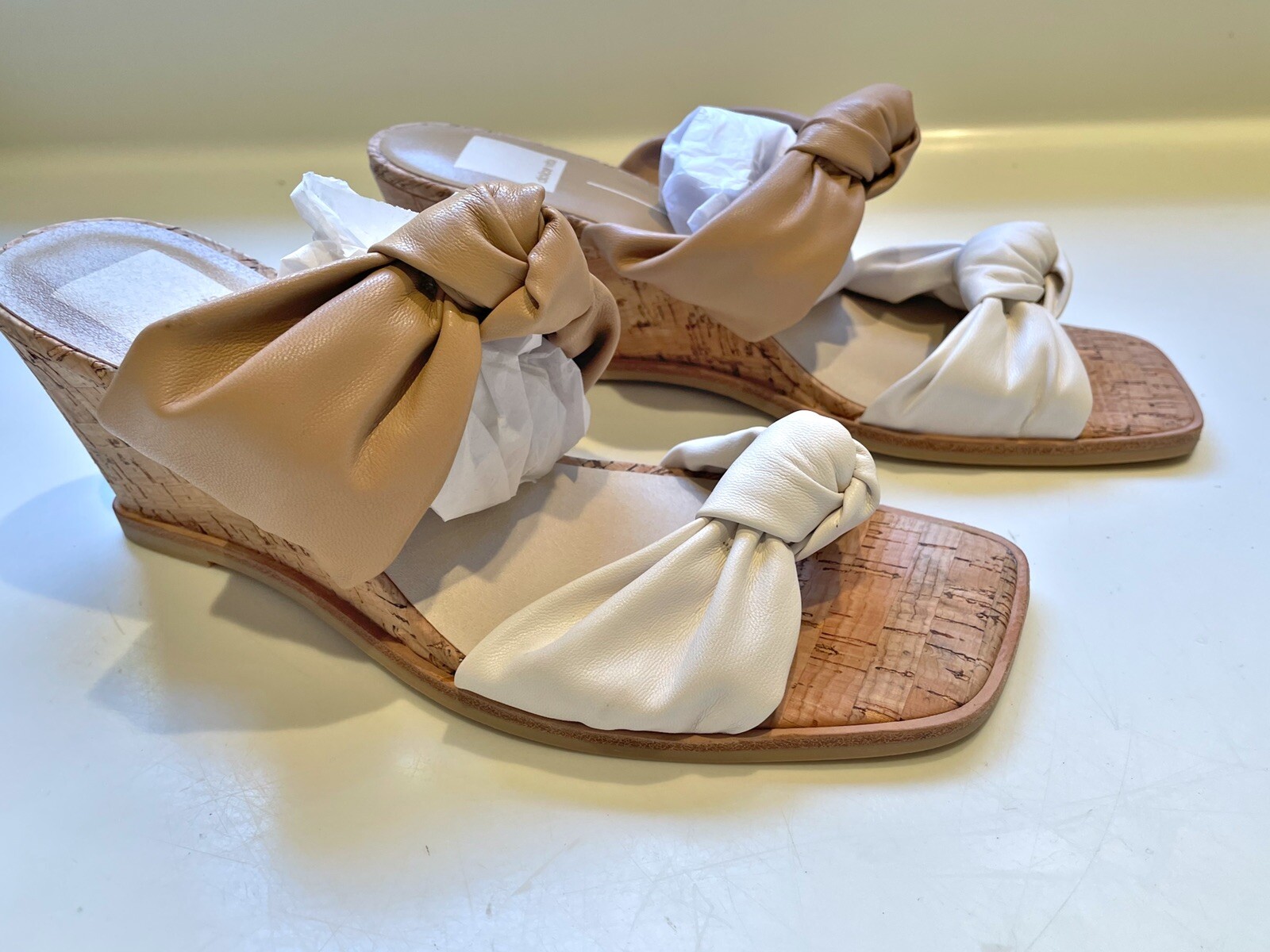 DOLCE VITA SLIP ON SHOES 9.5 LEATHER DOUBLE STRAPS WEDGE CORK HEELS BEIGE  WHITE | eBay