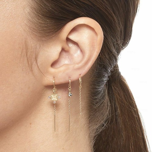 Pendiente enhebrador de cadena mínimo hecho a mano joyería de oro macizo de 14k - Imagen 6 de 10