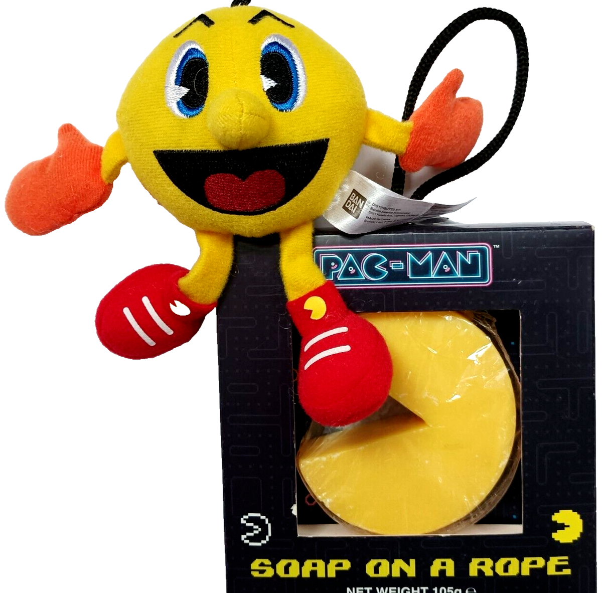 PAC-MAN Plush Figure 5.0” Tall + Soap On A Rope Combo Set Bandai