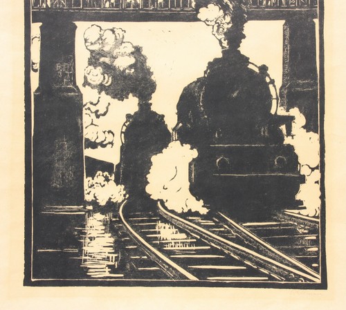Walther Klemm (1883-1957) signierter Holzschnitt, Eisenbahnen unter einer Brücke - Bild 3 von 9