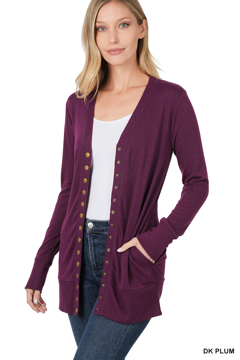 Snap Button Front Long Sleeve Sweater Cardigan Hip Length