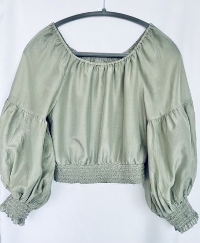 Alice+Olivia Azalea Silk Cotton Lightweight Sage Green Balloon Sleeve Blouse - Picture 5 of 6