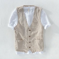 Homme Lin à Rayures Gilet Veste sans Manche Haut de Survêtement Décontracté