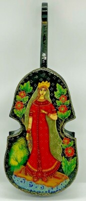 Vintage Russian Cello Shape Lacquer Jewelry Box Ruslan & Liudmila Pushkin Mstera