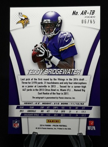 2014 Prizm Rookie Autograph 6/65 Camo Teddy Bridgewater RC Auto Broncos Vikings - Afbeelding 3 van 4