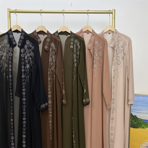 Elegant Dubai Chiffon Diamond Cardigan Dress Muslim Abaya Kaftan African Clothes - Picture 7 of 43
