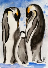 Penguins Original Watercolor Painting 8 x 12 in