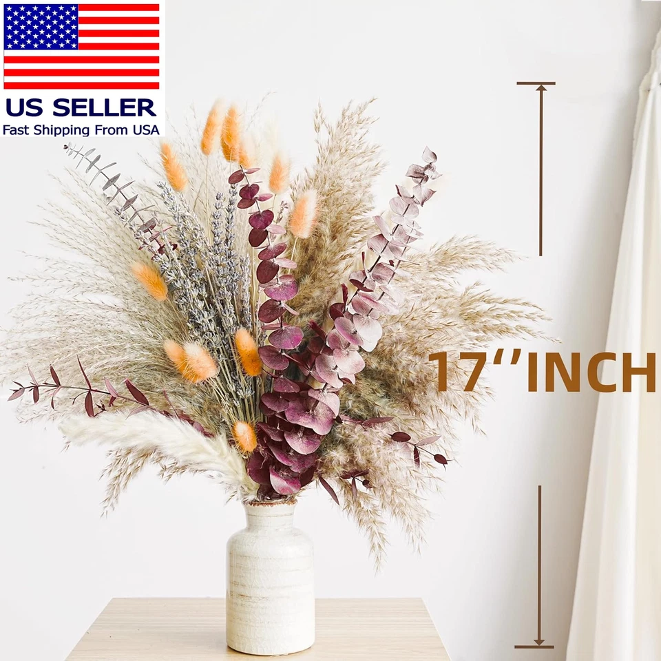 Ramo de flores secas de otoño con hierba pampeana, colas de conejo naranja, lavanda y rojo Foto 2 de 4