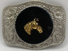 Vintage Western Belt Buckle Gold Horse Head Black Cabochon Silver Tone Floral