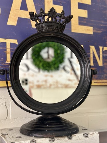 Freestanding Matte Black Distressed Swivel Tabletop Decorative Crown Mirror 14" - Picture 6 of 15