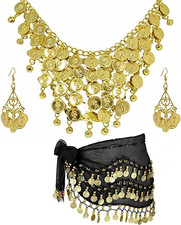 3 Pcs Belly Dance Hip Scarf for Women Belly Dance Gold Sequins Head Chain Coins