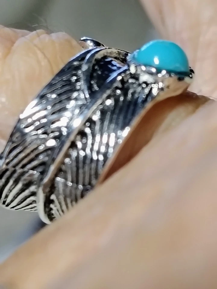 Anillo Pluma Boho Azul Turquesa Cabujón Tono Plata Metal Talla 6 Suroeste Foto 2 de 4