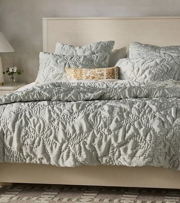 NEW Anthropologie Silky Floral Stitched Quilt, Queen, Pale Sage