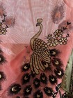 Sheer Pink Peacock Feather Scarf Mesh Shawl Wrap Gold Tone Ruffle — photo 3