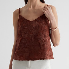 Express Embroidered Floral Mesh V-Neck Cami Tank Brown Women s Medium New NWT