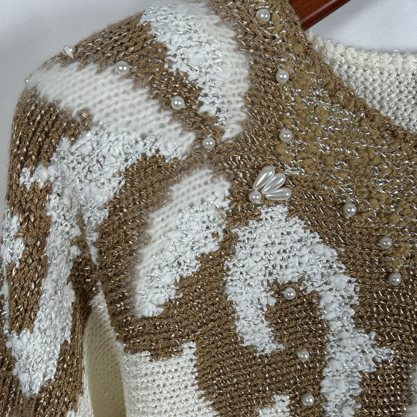 VTG 80s Sideffects Knit Beverly Small Sweater Cream Brown w Beads Shoulder Pads