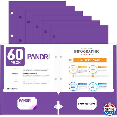 PANDRI 60 Pack Two Pocket Portfolio Folders 3 Hole Punched Letter Size File Fold