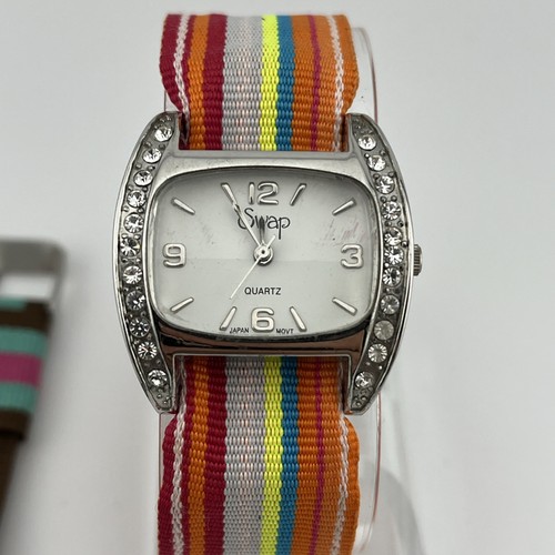 Swap Watch Women 32mm Silver Case 2 Interchangeable Canvas Bands- New Battery
