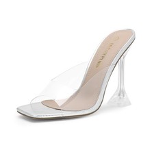 Women Clear Heels Square Toe High Heel Slide Sandals Wedding Dress Heel Sandals