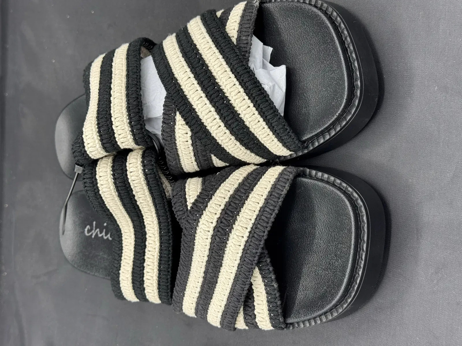 Chic Womens Crochet Platform Sandals UK 8 EU 41 Black Cream Striped Flatform image 3