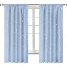 Kids Light Blue  Silver Stars Rod Pocket Curtains Nursery 2 Panels 52 x 63"