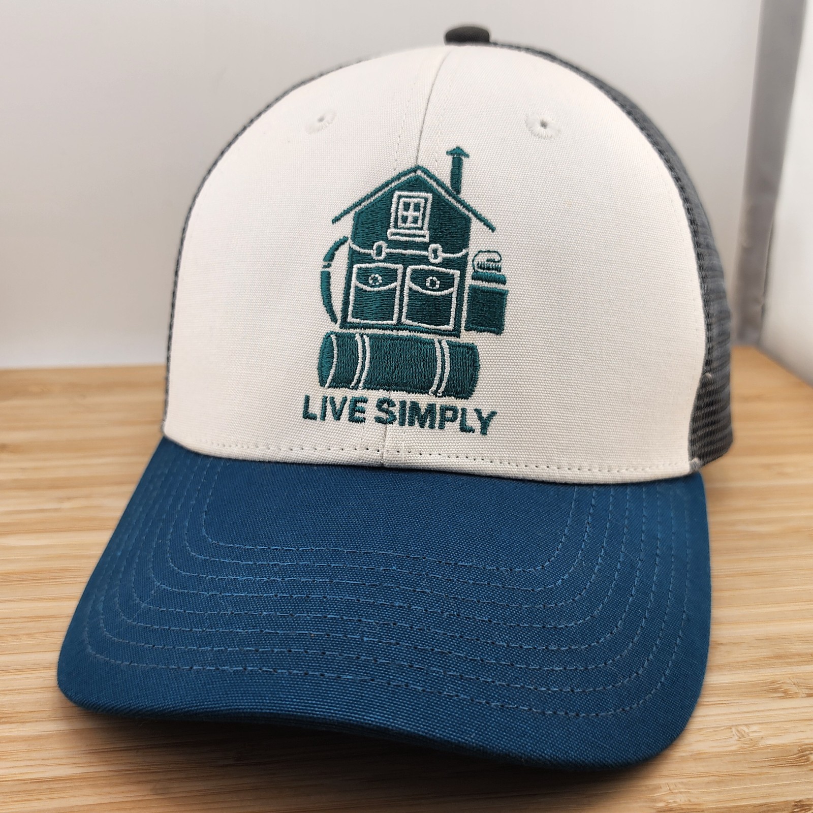 Patagonia Trucker Hat, Backpack Home Logo, Live Simply, Turq